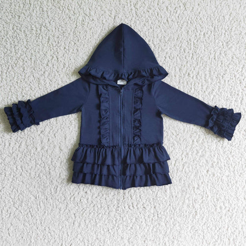 Girls Navy Ruffle Zip Up Jacket