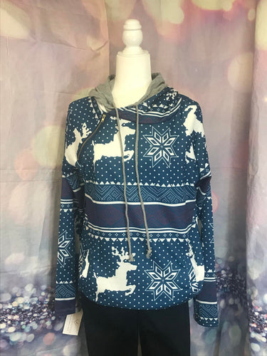 Blue Snowflakes and Reindeer Hoodie 57