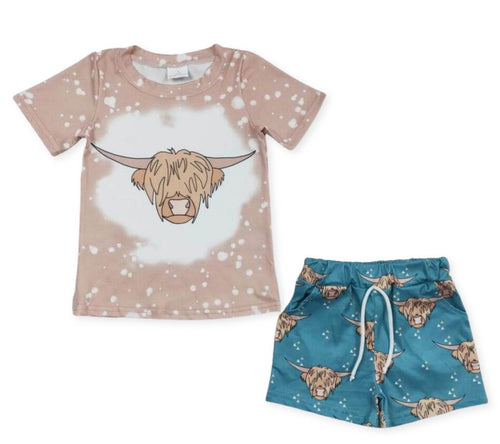 Boys Tan/Teal Highland cow 2pc