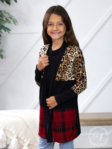 Girls Cardigan with leopard and plaid